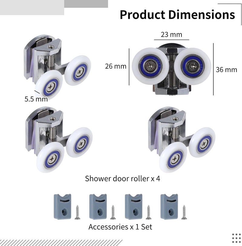 4 Pcs Sliding Shower Door Rollers, Twin Top and Bottom 26Mm Wheels, Includes Screws for 6-8Mm Glass Doors - Image 2