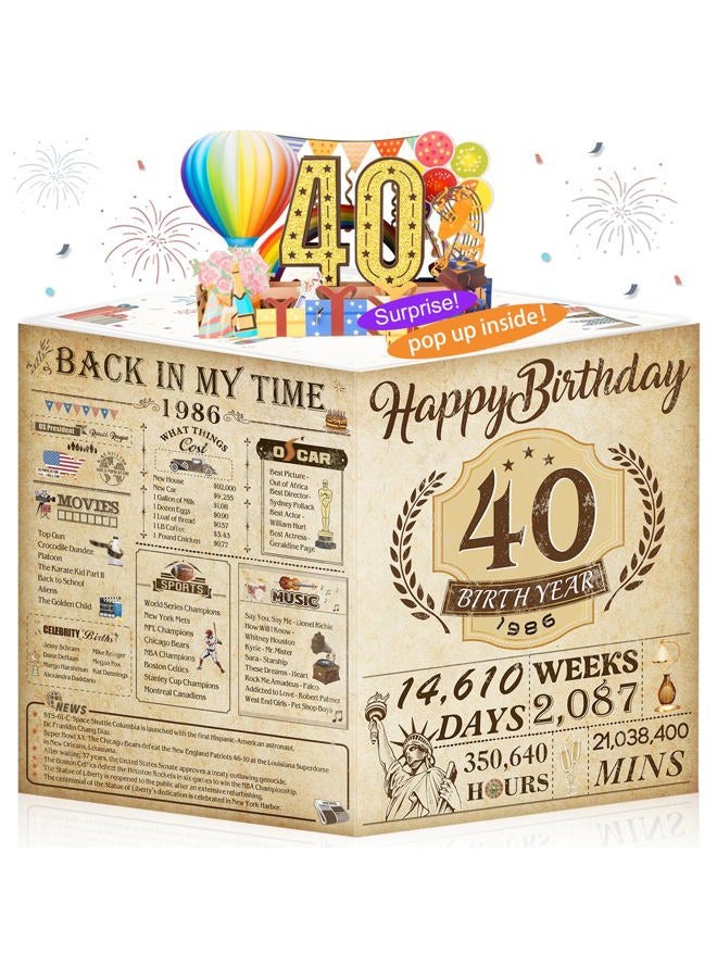 OLOSONG 40th Birthday Card for Men Women, 3D Pop Up 40th Birthday Gifts Cards for Him Her, Back In 1986 Funny 40 Year Old Birthday Decorations, Classy Vintage - Image 1