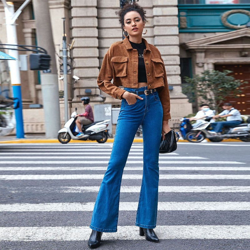 Women's Casual Corduroy Long Sleeve Jacket with Turn-down Collar and Pleated Pockets - Image 4