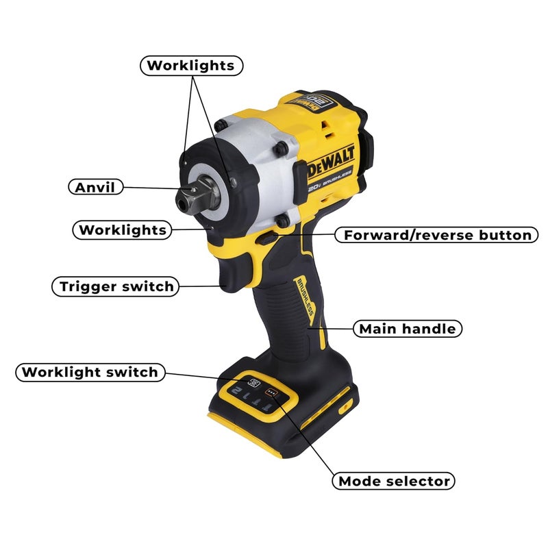 DEWALT DEWALT DCF922NB1 12 20V Max Liion Reversible Cordless Brushless Compact Impact Wrench610 Nm Torque with LED Ring Lighting Bare Tool - Image 3