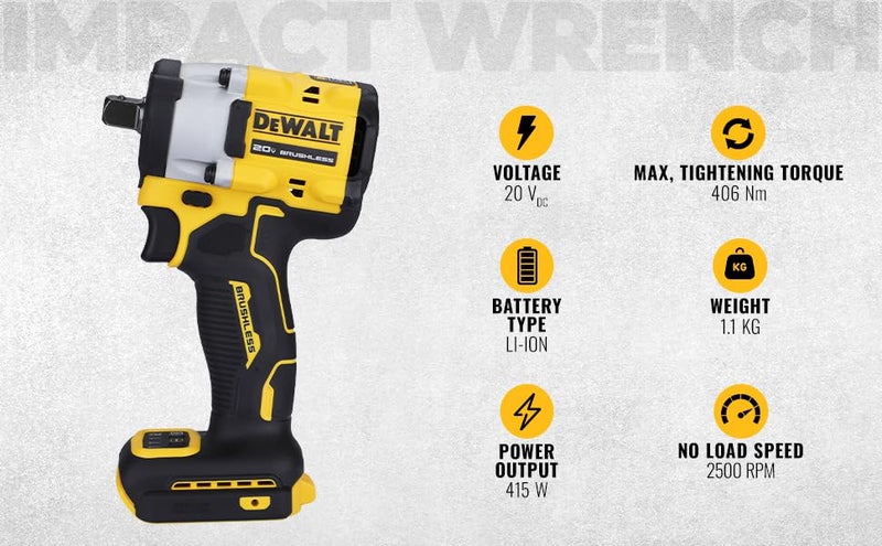 DEWALT DEWALT DCF922NB1 12 20V Max Liion Reversible Cordless Brushless Compact Impact Wrench610 Nm Torque with LED Ring Lighting Bare Tool - Image 2