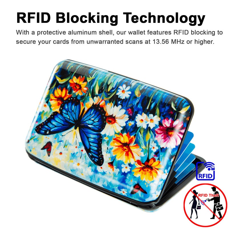 Kaabao Credit Card Holder Small RFID Blocking Wallet Business Metal Slim Mini Aluminum Hard Case for Women Men (Blue Butterfly Daisies) - Image 2