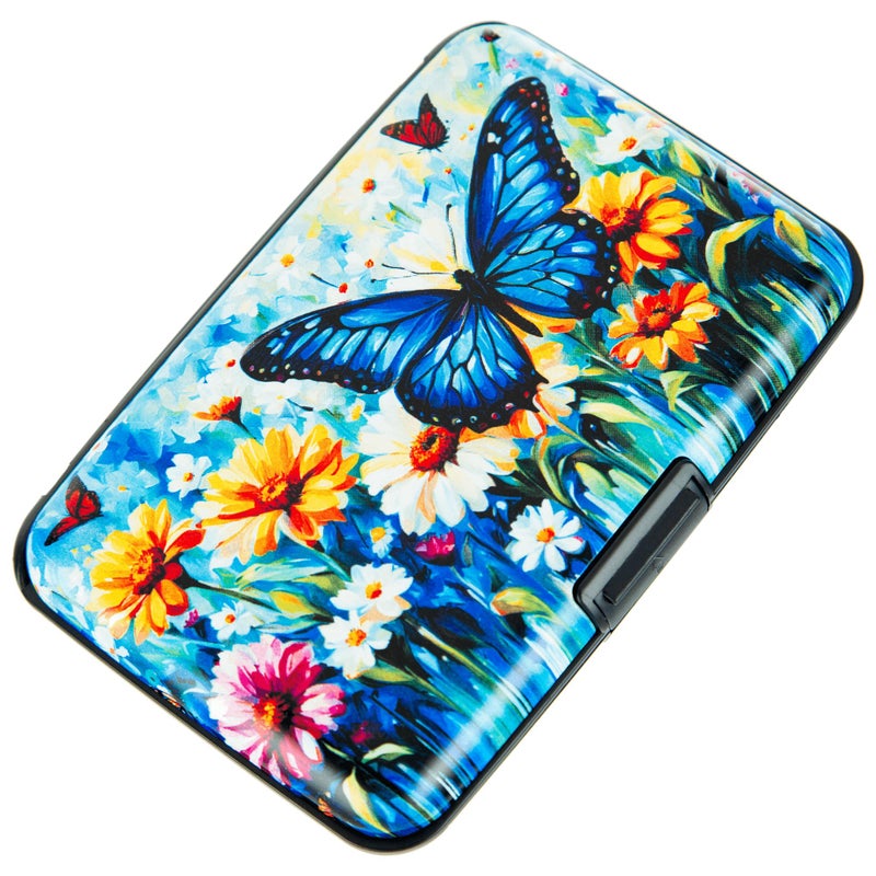 Kaabao Credit Card Holder Small RFID Blocking Wallet Business Metal Slim Mini Aluminum Hard Case for Women Men (Blue Butterfly Daisies) - Image 1