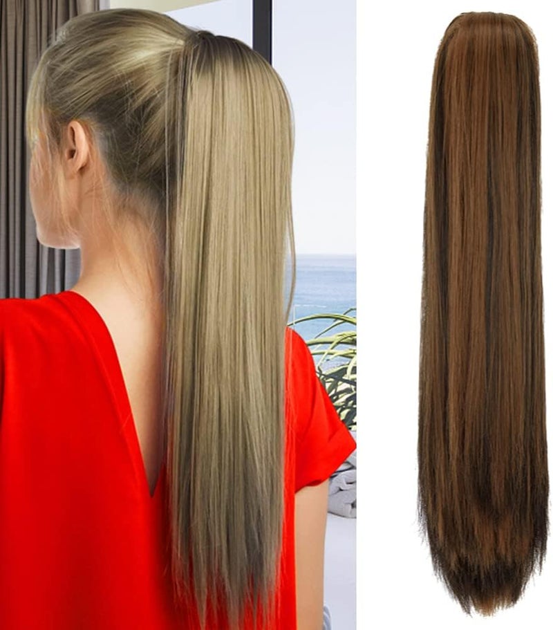 OMGREAT Claw Clip in Ponytail Hair Extension Synthetic Hair One Piece Clip on Hairpieces Straight 21 Inch 150g Dark Brown Mix Light Auburn