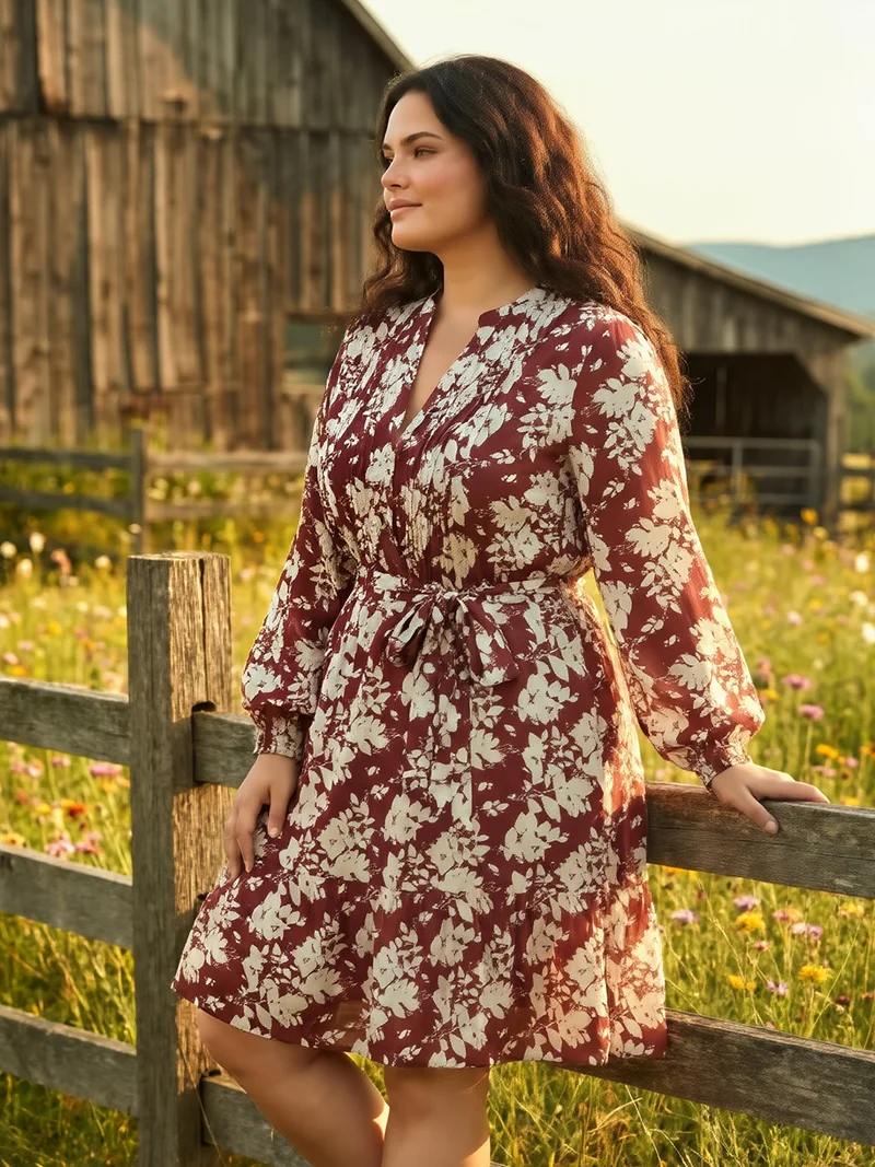 globus Globus Gloplus Women Maroon Mandarin Collar Bishop Sleeves Leaf Print Pleated Tiered Mini Plus Size Shirt Style Dress With Belt