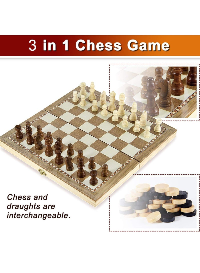 Wooden Chess Set, 3-in-1 Folding Portable Chess Board Game Set and Checkers Backgammon, Interior Storage Travel Chess Set for Adults Teens, 11.8inche - Image 2