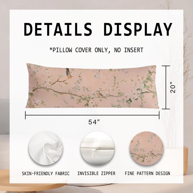 PIUD Vintage Pink Chinoiserie Bird 20x54 Body Pillow Cover, Chinoiserie Decor, Retro Cottagecore Flowers Aesthetic Bird Decorative Long Body Pillow Cases for Bed Couch - Image 2