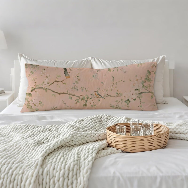 PIUD Vintage Pink Chinoiserie Bird 20x54 Body Pillow Cover, Chinoiserie Decor, Retro Cottagecore Flowers Aesthetic Bird Decorative Long Body Pillow Cases for Bed Couch - Image 3