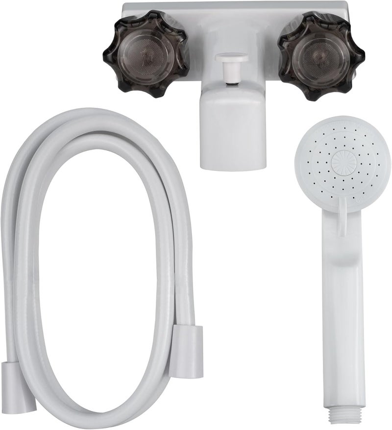 RecPro 4" RV Tub and Shower Diverter Faucet White/Smoke with Handheld Shower Head & Hose - Image 1