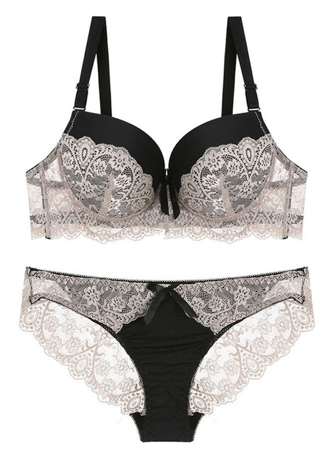 Loquat - Comfy B C Cup Thin Cup Lace Bra Panty Set Women's Underwear Set Beige And Black Color Matching - Image 1