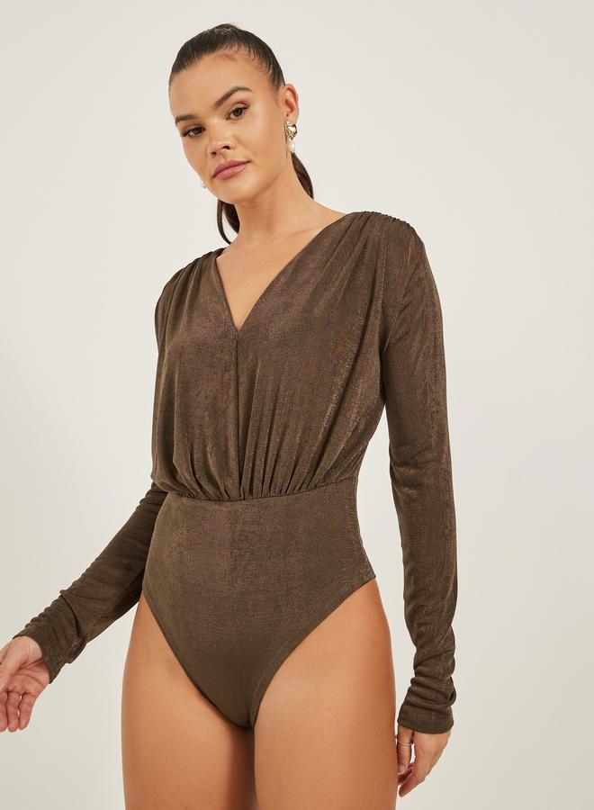 Styli Solid Gathered Detail Long Sleeve Bodysuit  - Image 1