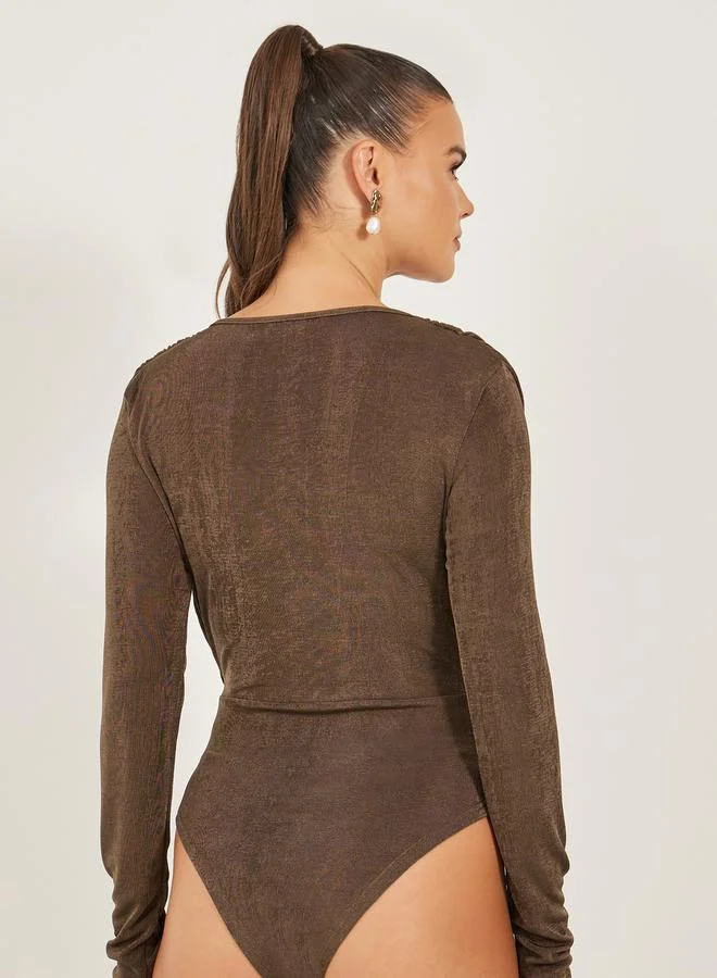 Styli Solid Gathered Detail Long Sleeve Bodysuit