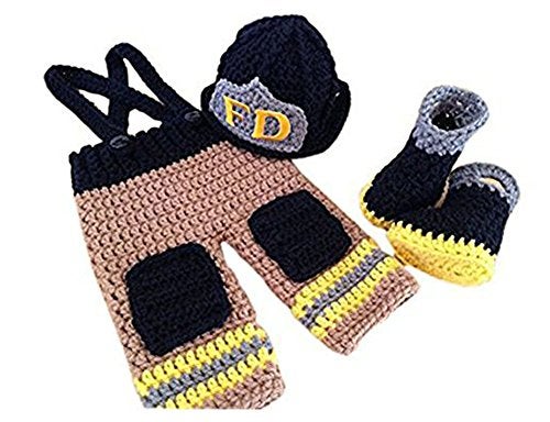 PINBO Pinbo Baby Photography Prop Crochet Knitted Firefighter Fireman Hat Pants Shoes  - Image 1