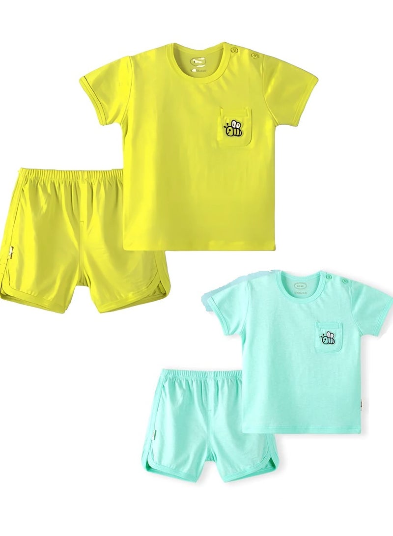 AIWANTO 2 Set Plain With Pocket Bee Design Baby Boy and Baby Girl Clothes Set Cotton T-Shirt and Shorts Green & Yellow (24-36months)