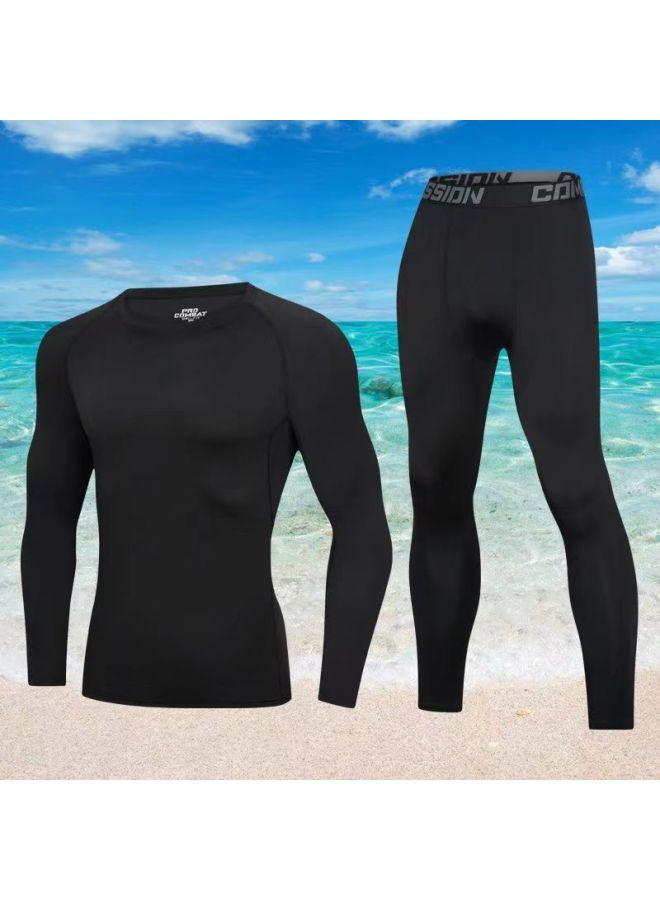Swimming Trunks Men's Adult Swimsuit Men's Summer Quick-drying Sunscreen Long-sleeved Split Beach Surfing Floating Diving Suit-Color:All Black Long Sleeves + Black Tight Trousers-Size:2xl 【 80-90kg 】