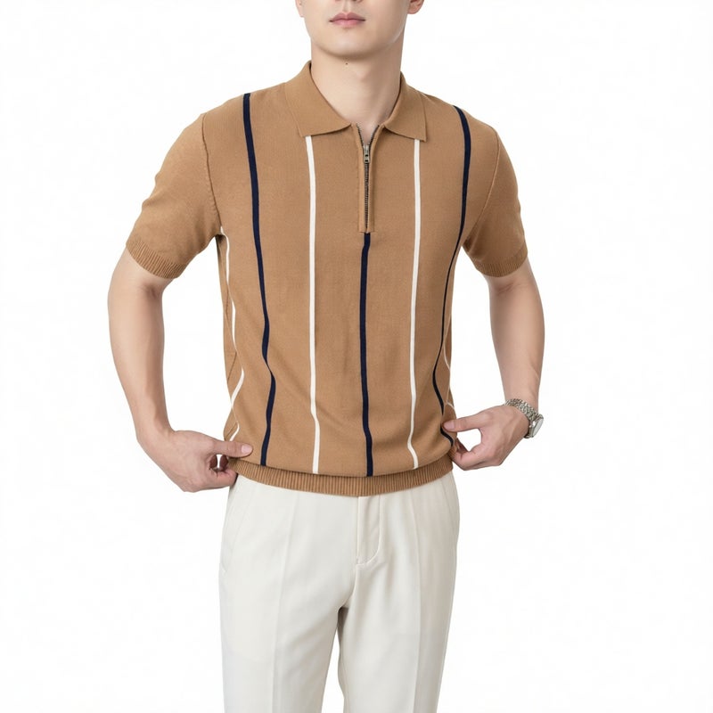Men's Slim Fit Half Zip Striped Short Sleeve Polo Shirt Summer Casual Top - Image 2