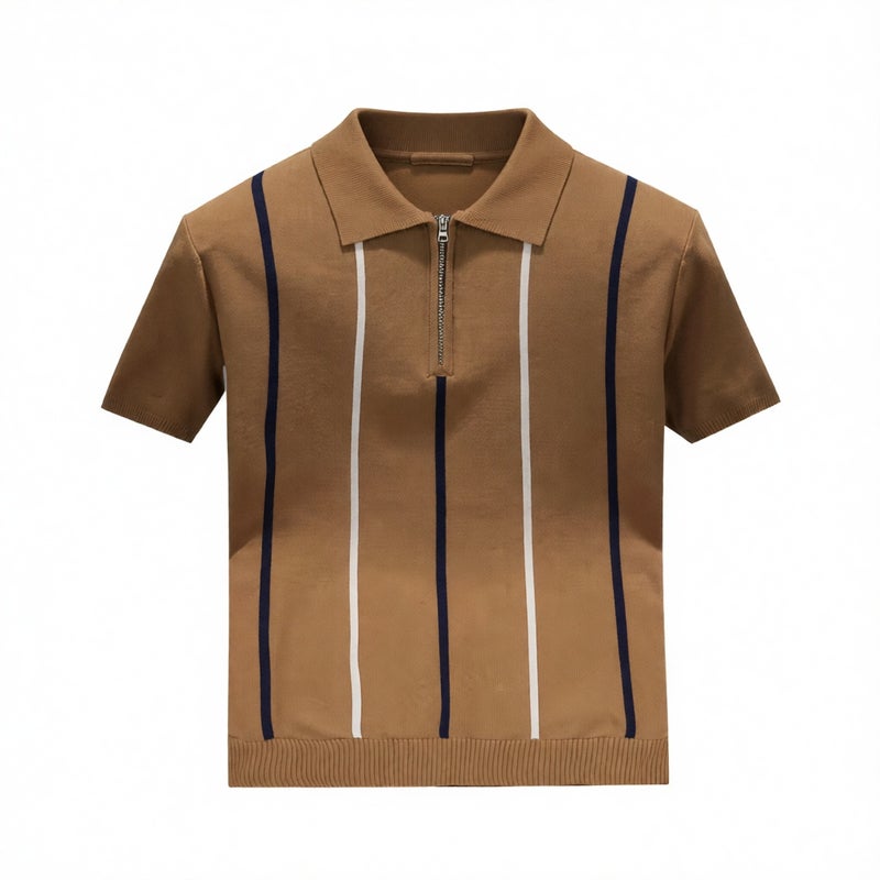 Men's Slim Fit Half Zip Striped Short Sleeve Polo Shirt Summer Casual Top - Image 3