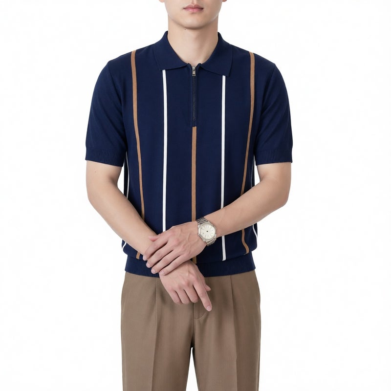Men's Slim Fit Half Zip Striped Short Sleeve Polo Shirt Summer Casual Top - Image 1