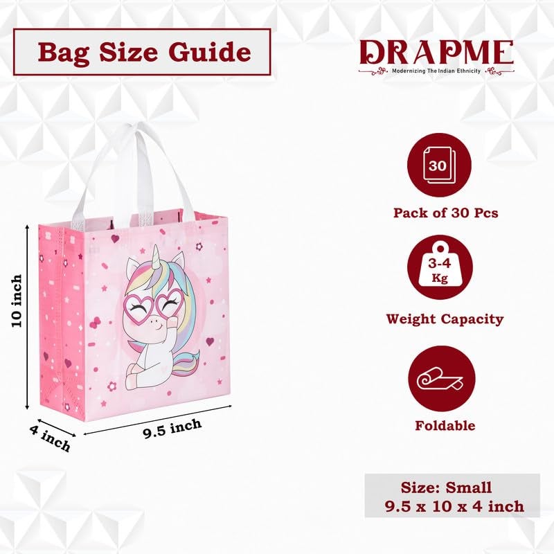 Drapme Small Size Pack of 30 Pcs Glossy Finish Unicorn Printed Non-Woven Reusable Eco-Friendly Party Return Carry Gift Bags (Pink) (Small 9.5x10x4 Inch) - Image 2