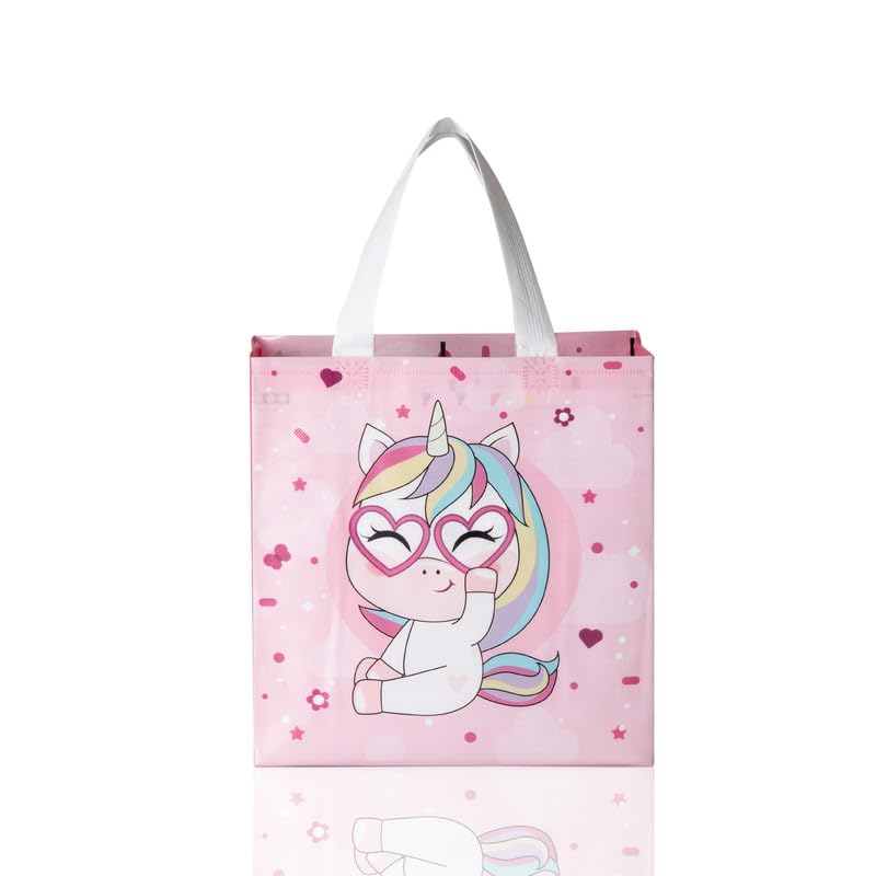 Drapme Small Size Pack of 30 Pcs Glossy Finish Unicorn Printed Non-Woven Reusable Eco-Friendly Party Return Carry Gift Bags (Pink) (Small 9.5x10x4 Inch) - Image 5