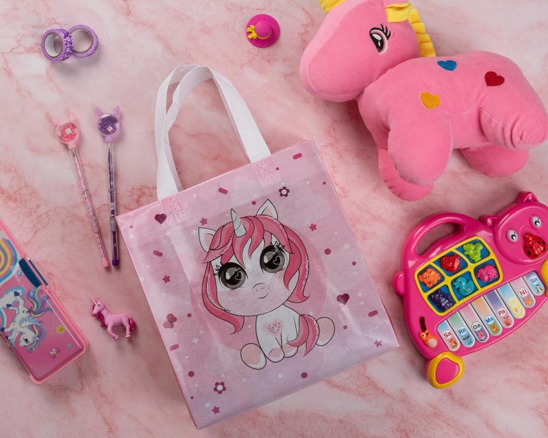 Drapme Small Size Pack of 30 Pcs Glossy Finish Unicorn Printed Non-Woven Reusable Eco-Friendly Party Return Carry Gift Bags (Pink) (Small 9.5x10x4 Inch) - Image 4