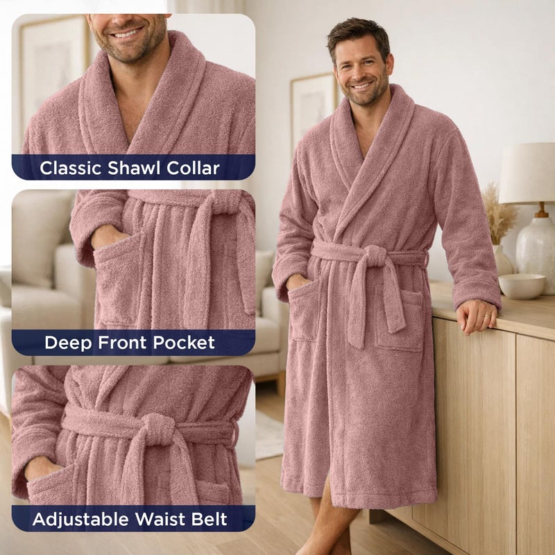 DAN RIVER Premium Cotton Terry Bathrobe for women and Men, Ultra Soft bath robe with Adjustable Waist Belt and Pockets Pack of 1 - Dusty Rose - Image 3