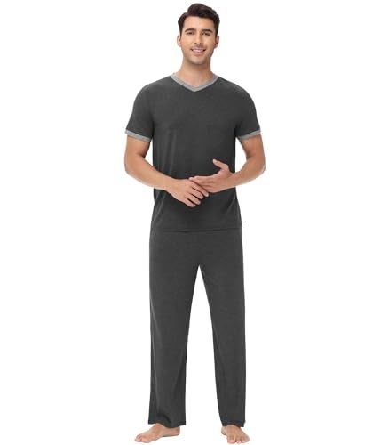 WiWi Mens Pajamas Set Viscose from Bamboo Short Sleeve Sleepwear Knit Nightwear 2 Pieces Loungewear Sets S-XXL, Charcoal Heather, X-Large - Image 1
