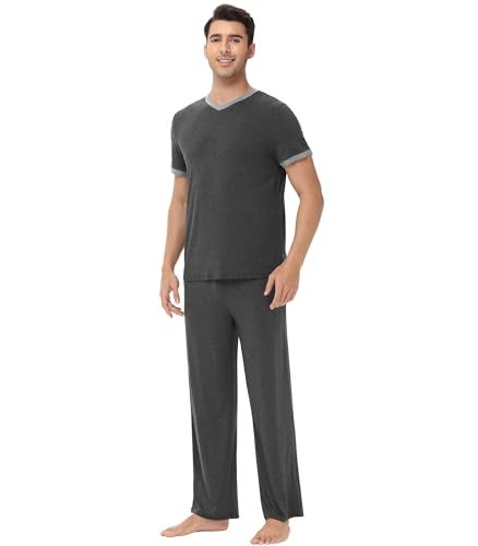WiWi Mens Pajamas Set Viscose from Bamboo Short Sleeve Sleepwear Knit Nightwear 2 Pieces Loungewear Sets S-XXL, Charcoal Heather, X-Large - Image 4