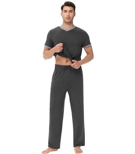WiWi Mens Pajamas Set Viscose from Bamboo Short Sleeve Sleepwear Knit Nightwear 2 Pieces Loungewear Sets S-XXL, Charcoal Heather, X-Large - Image 3