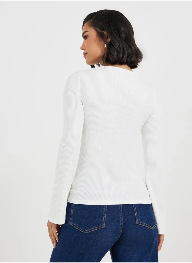 Styli Rib Knit Top with Flared Sleeves
