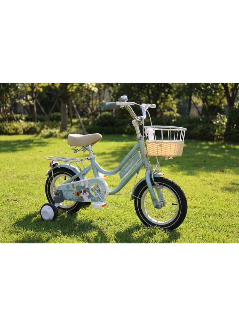 Children's Bicycle with Training Wheels, Front Basket & Rear Rack, Mint Green, 14 inches wheel - Image 3