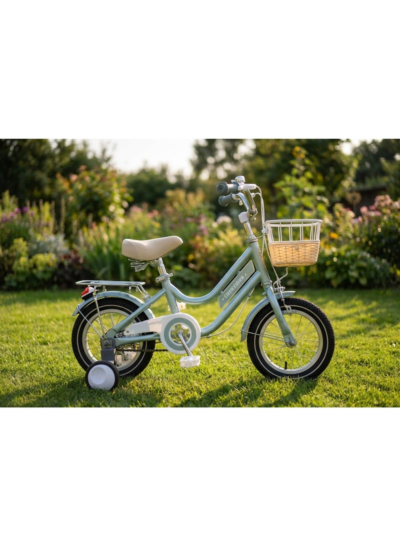 Children's Bicycle with Training Wheels, Front Basket & Rear Rack, Mint Green, 14 inches wheel - Image 2