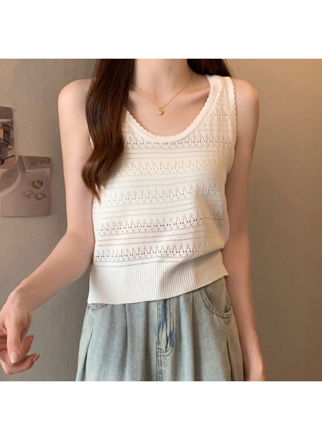 Modal French Lazy Style Hollow Knit Sleeveless Vest For Women, Thin Ice Silk Series Versatile Outerwear Shoulder Vest - Image 2