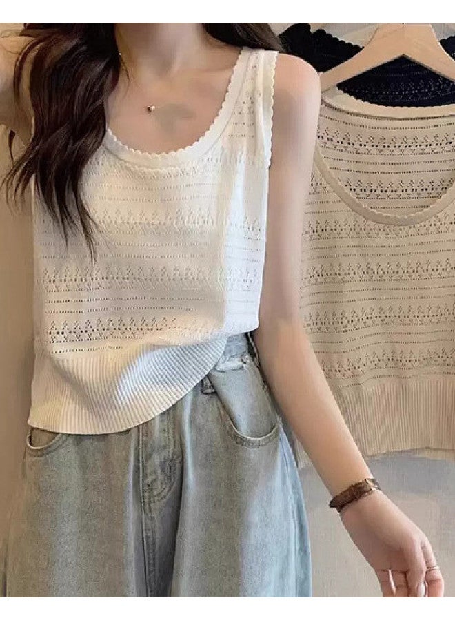 Modal French Lazy Style Hollow Knit Sleeveless Vest For Women, Thin Ice Silk Series Versatile Outerwear Shoulder Vest - Image 1
