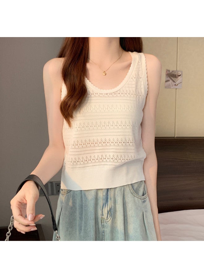 Modal French Lazy Style Hollow Knit Sleeveless Vest For Women, Thin Ice Silk Series Versatile Outerwear Shoulder Vest - Image 5