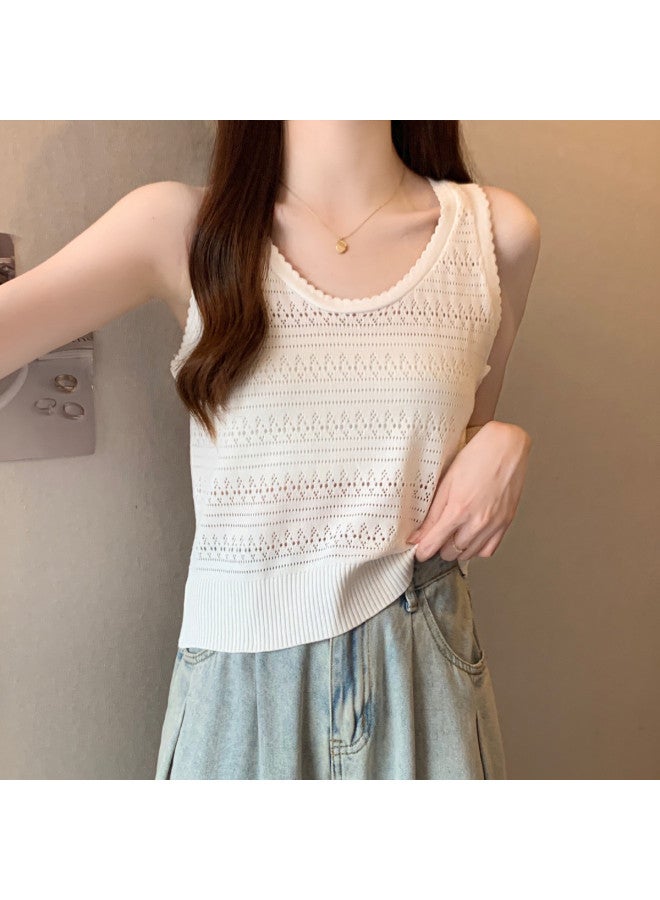 Modal French Lazy Style Hollow Knit Sleeveless Vest For Women, Thin Ice Silk Series Versatile Outerwear Shoulder Vest - Image 3