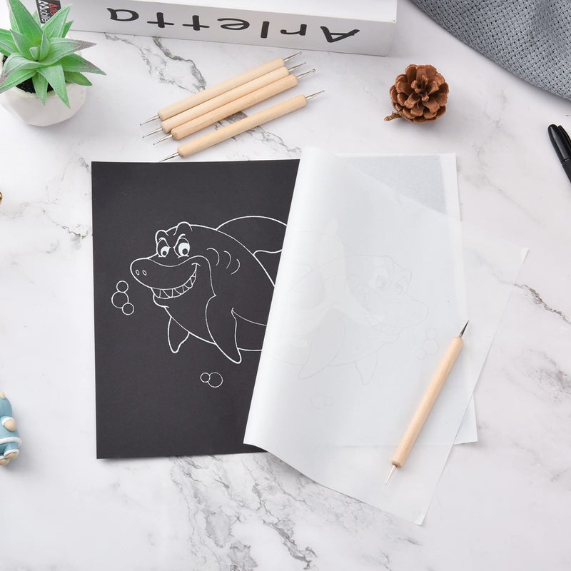 Hlonon 50 Sheets Carbon Paper Graphite Paper White Carbon Transfer (8.5 x 11.5 inch) Tracing Papers with 5 PCS Embossing Styluses Dotting Tools for Wood Paper Canvas Craft - Image 4