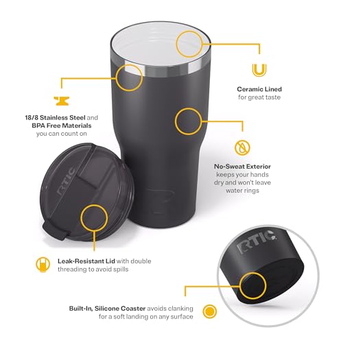 RTIC 30oz Essential Tumbler with Lid, Ceramic Lined, Insulated, Stainless Steel, Metal, Double Wall Vacuum-Insulation, Travel Cup for Iced Coffee, Tea, Hot and Cold Drink, Graphite - Image 4