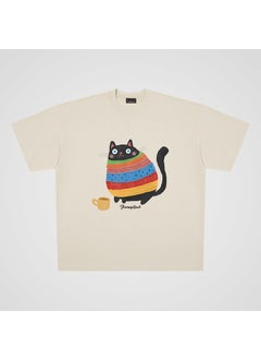 250g Pure Cotton Japanese Cute Cartoon Cat Short Sleeve T-shirt For Men Women Loose Fit Trendy Couple Shirt wool cat apricot