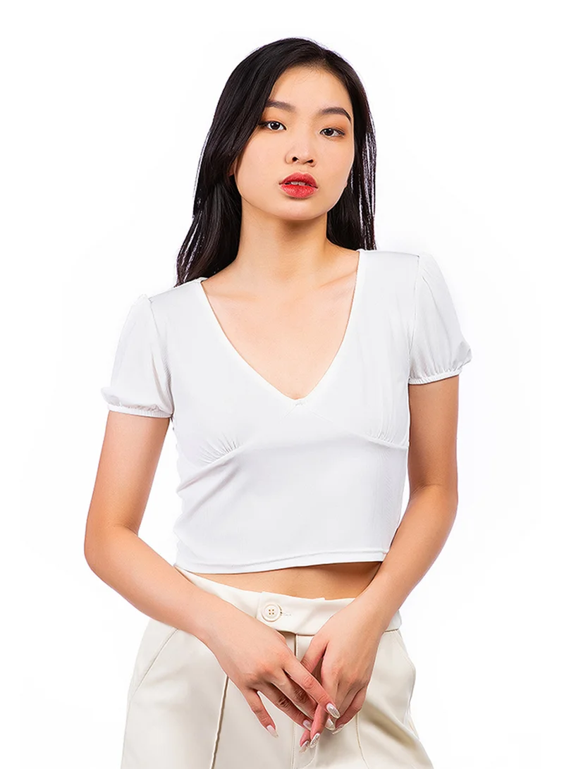 London Rag White Pleated V Neck Top