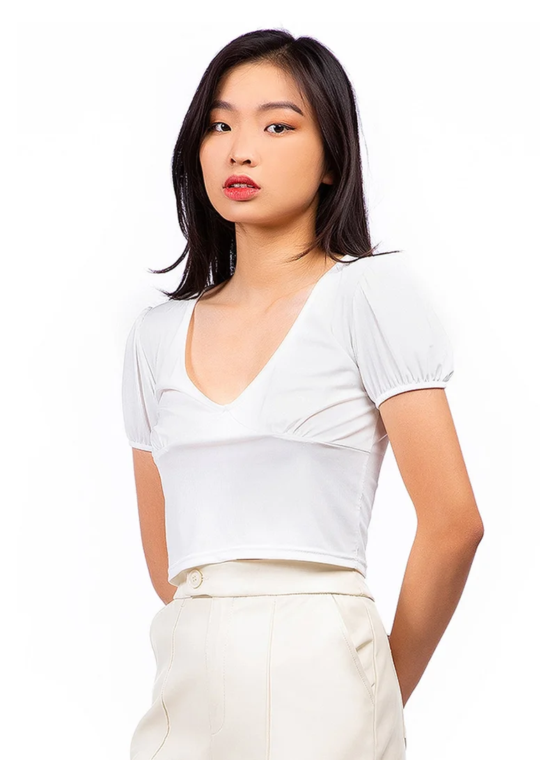 White Pleated V Neck Top