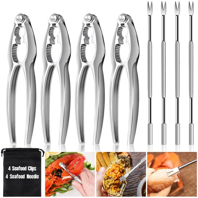 8 PCS LOBSTER CRACKERS AND PICKS SET CRAB LEG CRACKER TOOLS STAINLESS STEEL SEAFOOD CRACKERS FORKS NUT CRACKER SET FOR EATING STAKE SUPPORT