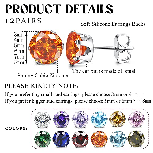 Jstyle Hypoallergenic Stud Earrings for Women Men Surgical Stainless Steel Cubic Zirconia Earrings Studs Colorful Birthstone Earrings Set Womens small Stud Post Earrings for Sensitive Ears 6mm - Image 2