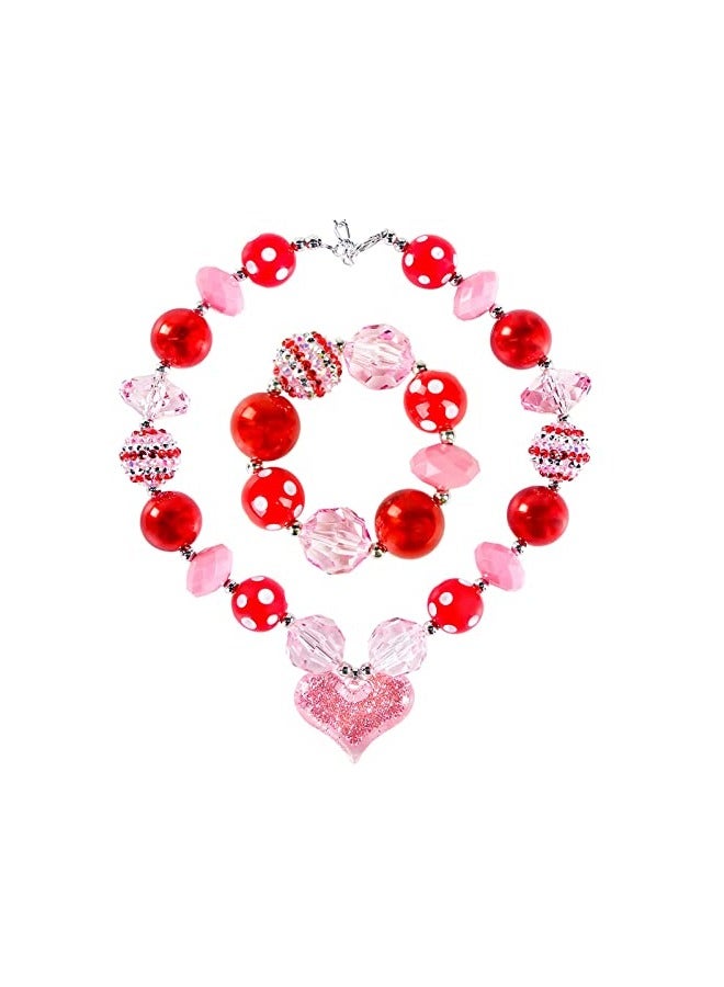 Excefore Little Girls Necklace Bracelet, Bead Necklaces for Toddler Necklace and Bracelet Set Jewelry Peach Heart Valentine's Day Gifts for 2 3 4 5 6 7 8 Year Old Girls - Image 1
