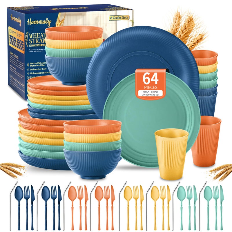 HOMMALY Wheat Straw Dinnerware Sets,64-Piece Plates and Bowls Sets for 8-Unbreakable,Reusable Plastic Dish Set-Dinner Plate/Dessert Plate/Cereal Bowl/Cup/Utensils-Dishwasher Safe 64P-JadePeak Lake Sunset - Image 1