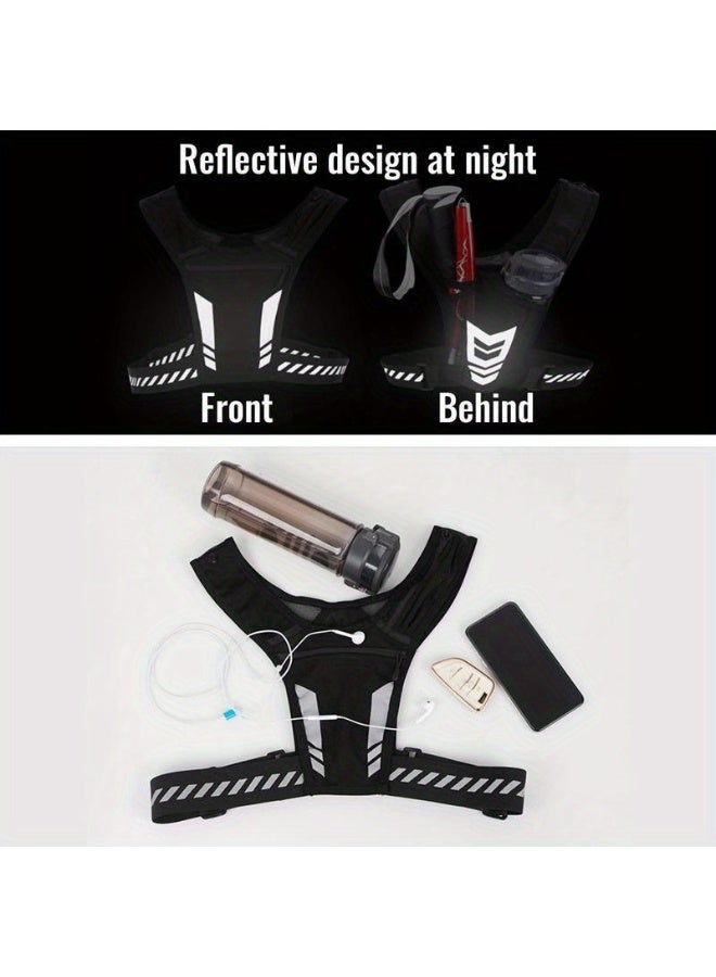 سترة جري عاكسة عالية الوضوح مع حقيبة مياه وحامل هاتف - معدات أمان قابلة للتعديل لركوب الدراجات ليلاً والركض والمشي لمسافات طويلة في الطقس الحار (أسود) - Image 1