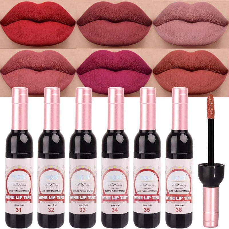 evpct Wine Bottle Lip Tint Stain 6 Colors Set Ruby Red Chestnut Nude Brown Mauve Plum Purple Matte Long Lasting 24 Hour Liquid Lipstick Set for Women labiales mate 24 horas originales labiales magicos - Image 2