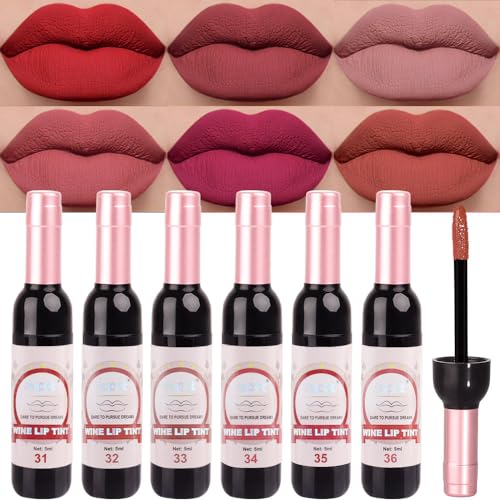 evpct Wine Bottle Lip Tint Stain 6 Colors Set Ruby Red Chestnut Nude Brown Mauve Plum Purple Matte Long Lasting 24 Hour Liquid Lipstick Set for Women labiales mate 24 horas originales labiales magicos - Image 1