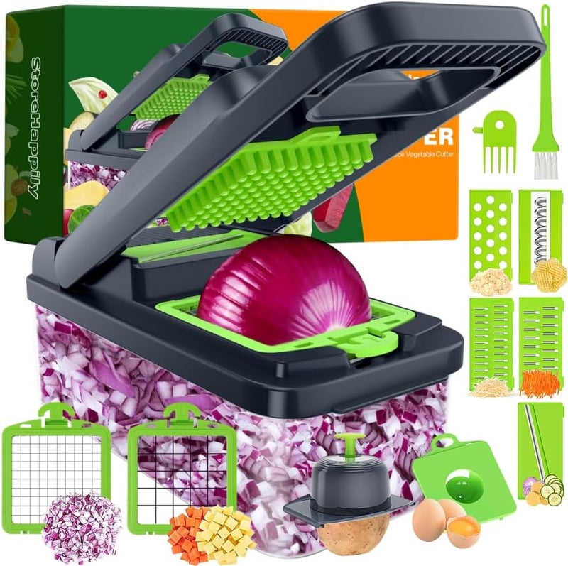 StoreHappily 12-in-1 Vegetable Chopper, 7 Blades Veggie Chopper with Container and Lid, Dicer, Slicer, Multifunctional Kitchen Gadgets, Vegetable Cutter with Handle, Onion Cutter(Green/Grey) - Image 1