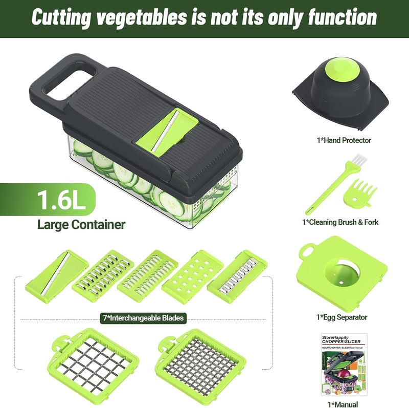 StoreHappily 12-in-1 Vegetable Chopper, 7 Blades Veggie Chopper with Container and Lid, Dicer, Slicer, Multifunctional Kitchen Gadgets, Vegetable Cutter with Handle, Onion Cutter(Green/Grey) - Image 2